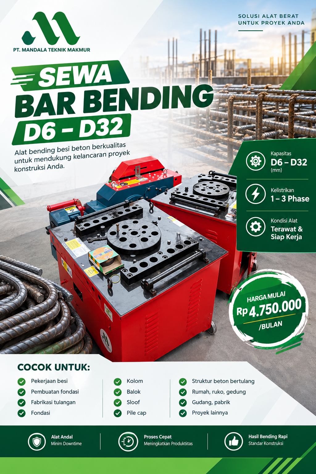 Sewa Bar Bender D6-D32 di Pidie Jaya untuk Pekerjaan Pembesian