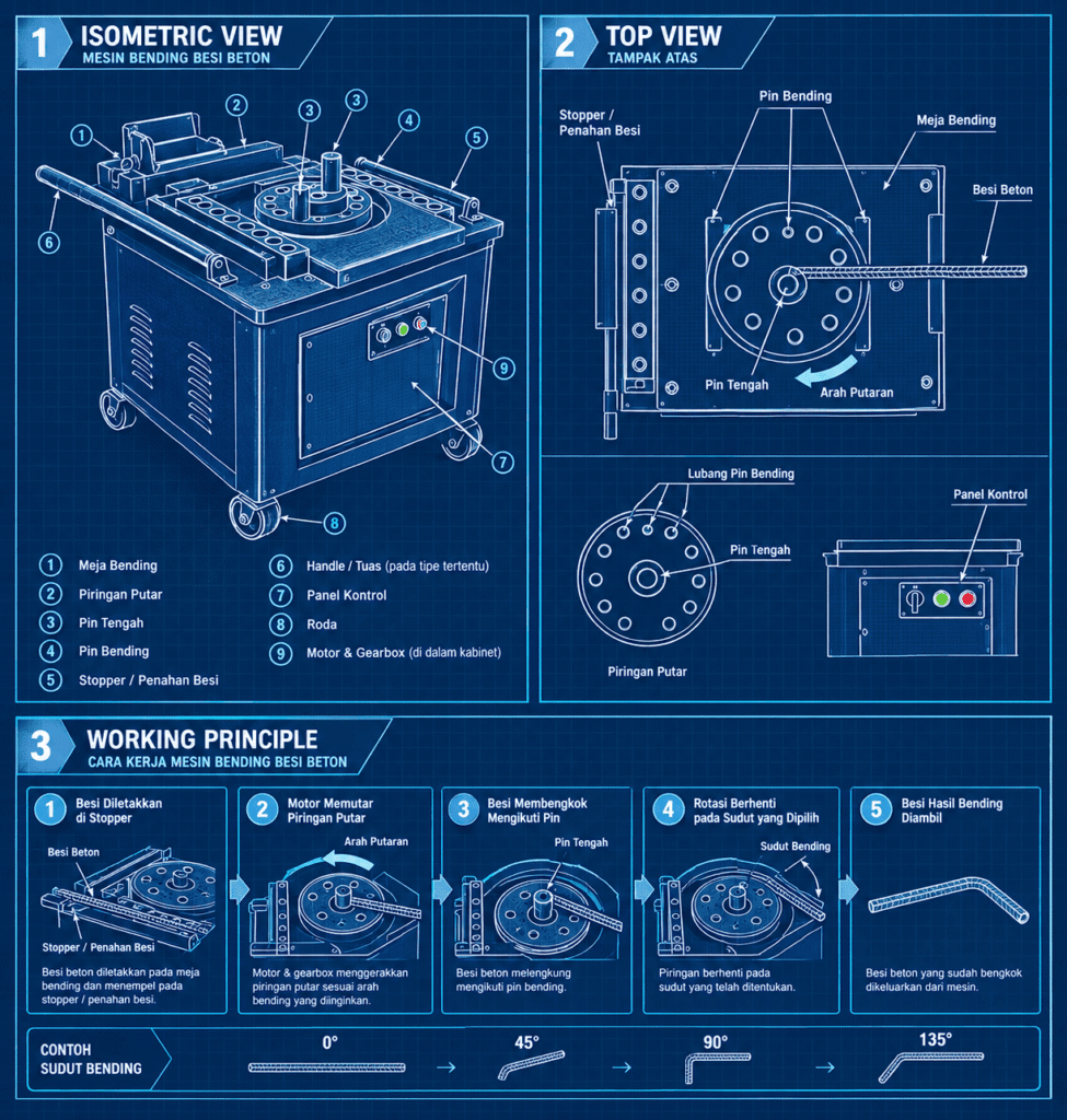 Diagram teknis komponen dan cara kerja mesin bending besi beton, menampilkan tampilan isometrik, tampak atas, serta 5 langkah prinsip kerja pembengkokan besi.